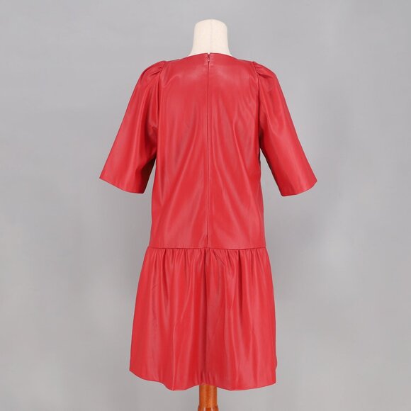 ANN TAYLOR Faux Leather Peplum Dress Split Neck Beaming Blush Red Size 8 - Picture 5 of 8